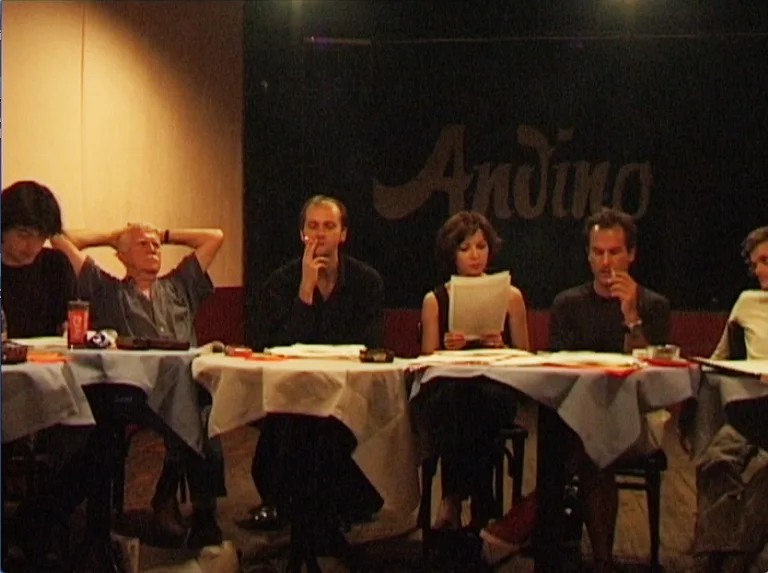 Virgil Widrich, Werner Prinz, Alexander Ebeert, Piroska Szekely, Christoph Buchholz und Lars Rudolph bei der Lesung des Drehbuchs „Heller als der Mond“, 1999.