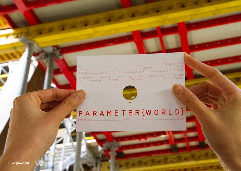 Postkarte „Parameter{world} - parameters for every or no thing“, Grafik: Pepa Bugueiro, Michaela Grass, David Palme