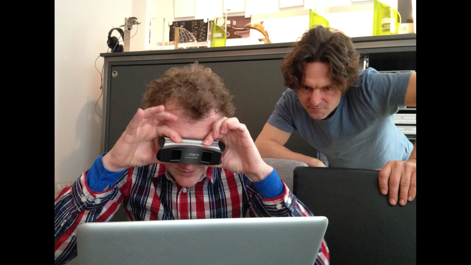 Leo Coster and Martin Putz viewing 3D test footage, 17.2.2014