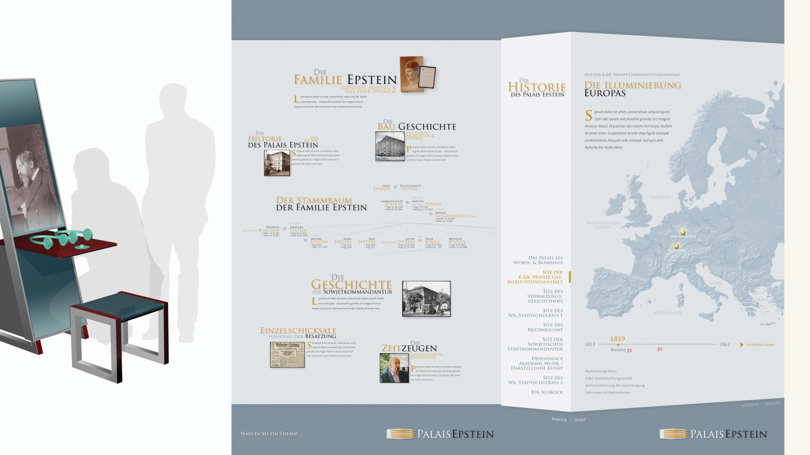 Palais Epstein, Entwürfe der Ausstellungsmöbel: Carl Auböck, Graphik user interface: Hoch2